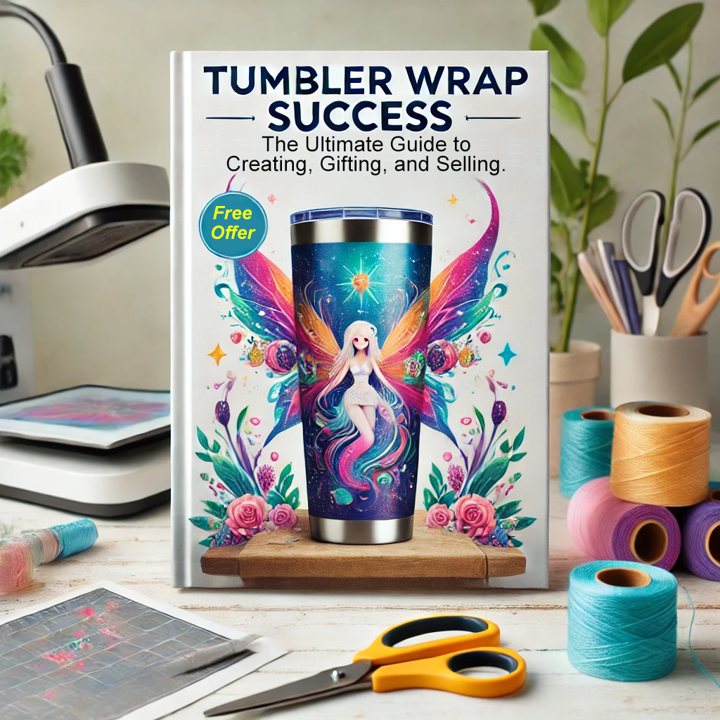 Ebook cover for 'Tumbler Wrap Success: The Ultimate Guide to Creating, Gifting, and Selling,' featuring a beautifully designed tumbler with a whimsical fairy illustration